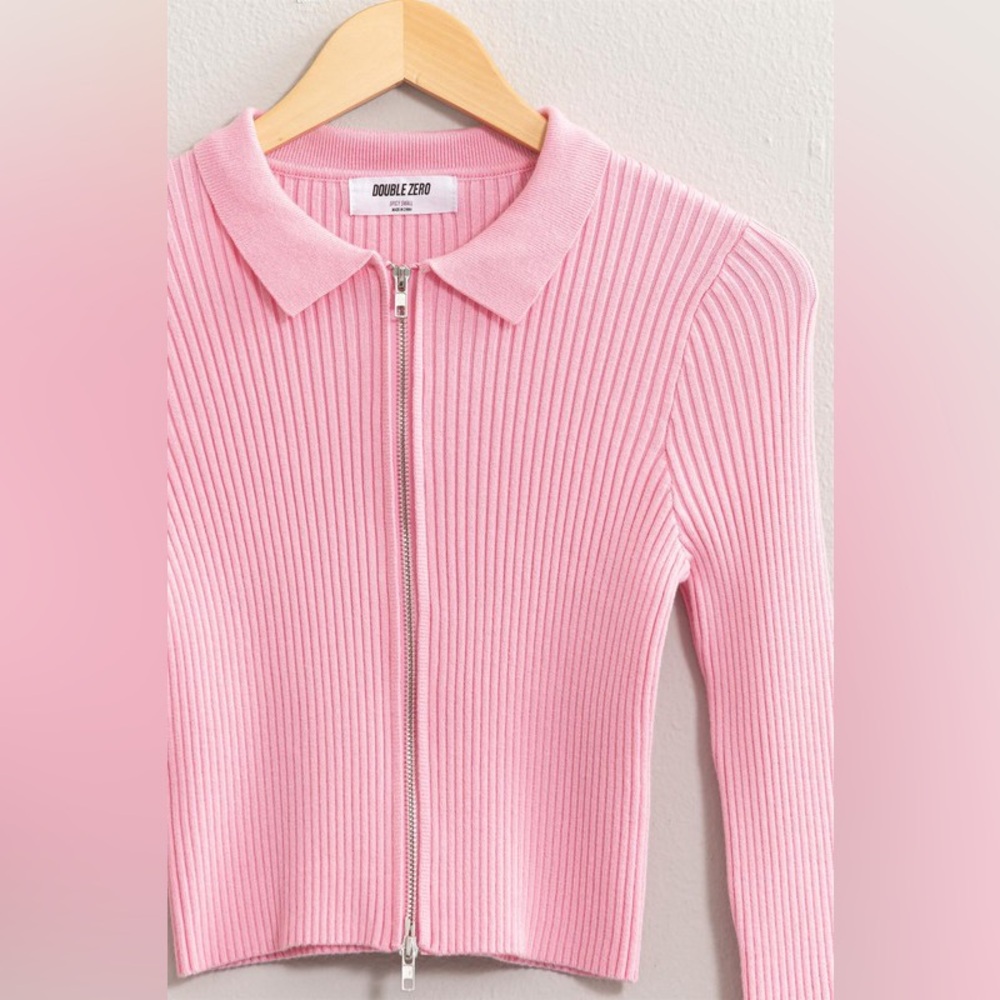 250B-PINK. Ribbed Double Zip Cardigan Top